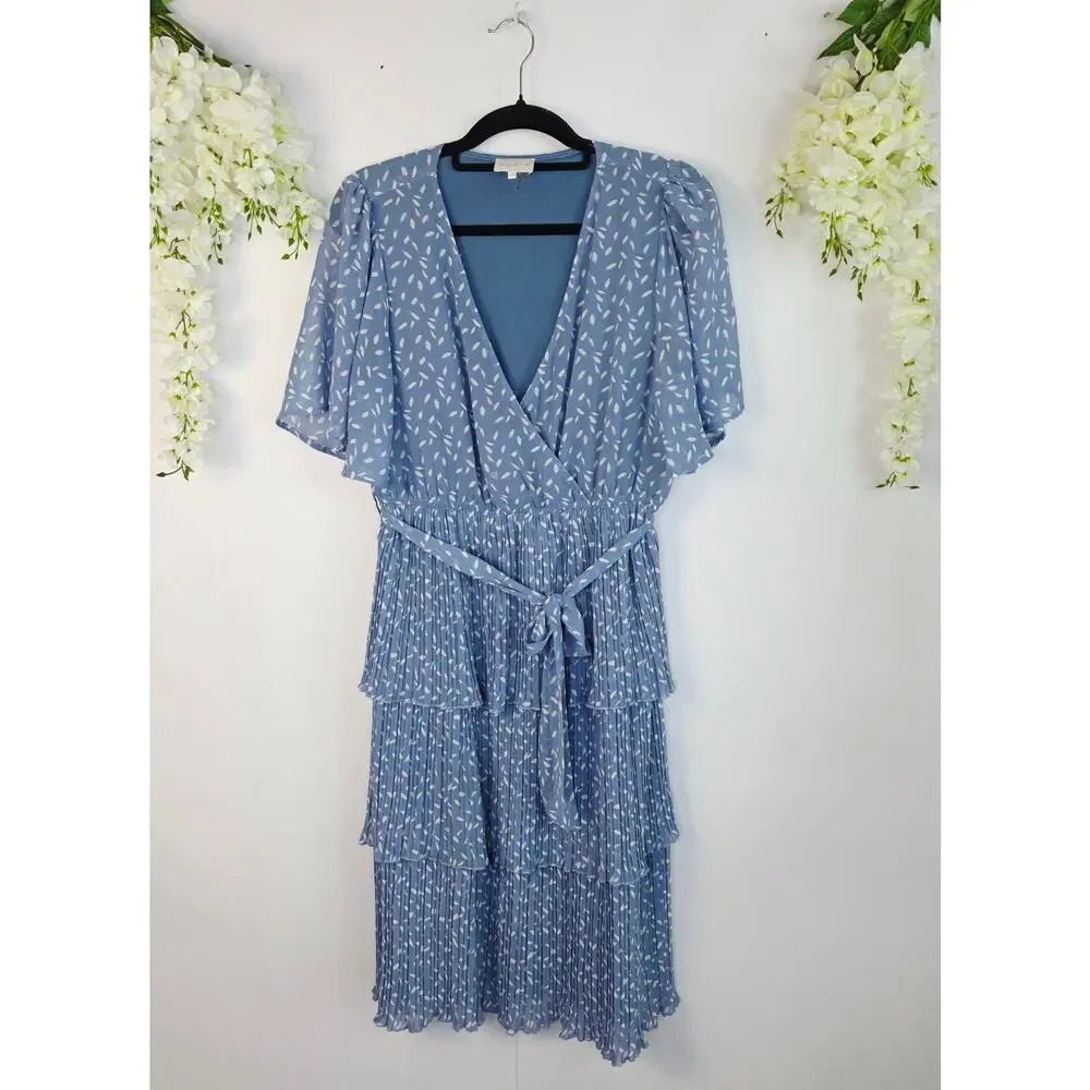 Entro Midi Tiered Dress Large Blue White Feather Pleated Flutter Sleeve Cottage - Picture 2 of 15